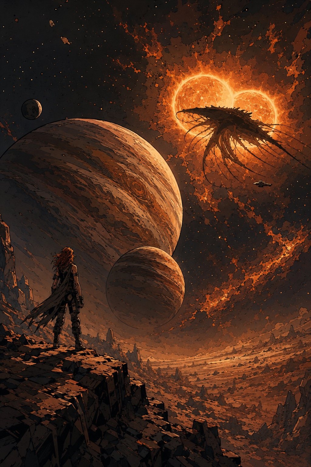 A lone frontier figure beneath planets and an alien shape in an orange cosmic sky